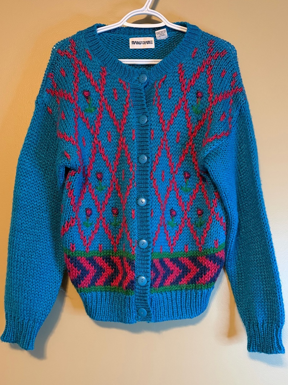Vintage 1980’s Mainframe Bright Floral Embroidered Button Down Acrylic Cardigan